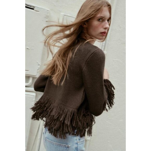 ZARA FRINGED KNIT CARDIGAN WITH BUTTON - Picture 6 of 9
